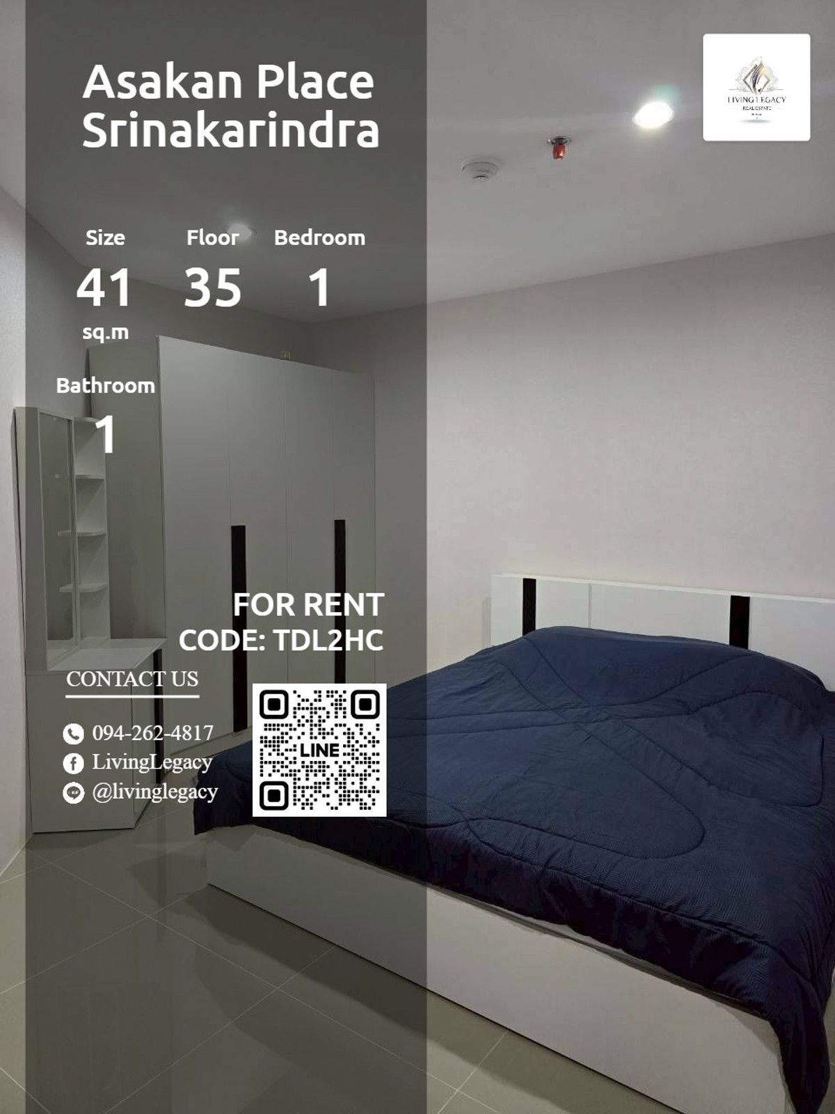 TDL2HC Condo for rent Asakan Place Srinakarindra 41 sq m, 35th floor line id : @livinglegacy TDL2HC Condo for rent Asakan Place Srinakarindra 41 sq m, 35th floor line id : @livinglegacy