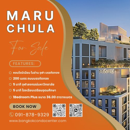 🎈For Sale MARU Chula Condominium 1Bedroom Plus 1Bathroom Fully-Fitted Area 36.00 sq.m. Floor 21st ✅Promotion Price 5,587,200 THB