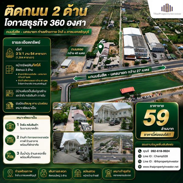 ติดถนน 2 ด้าน! ทำเลดีมาก! ขายที่ดินพร้อมสิ่งปลูกสร้าง 3ไร่กว่า ใกล้ ม.ราชมงคลธัญบุรี ฝั่งเดียวกับฟิวเจอร์พาร์ค ติดถนน รังสิต - นครนายก อยู่ระหว่าง คลอง 8 - 9 ผังเมืองสีชมพู คาบม่วงอ่อน เหมาะทำโกดัง คลังสินค้า กิจการ ร้านค้า ได้หลากหลายประเภท