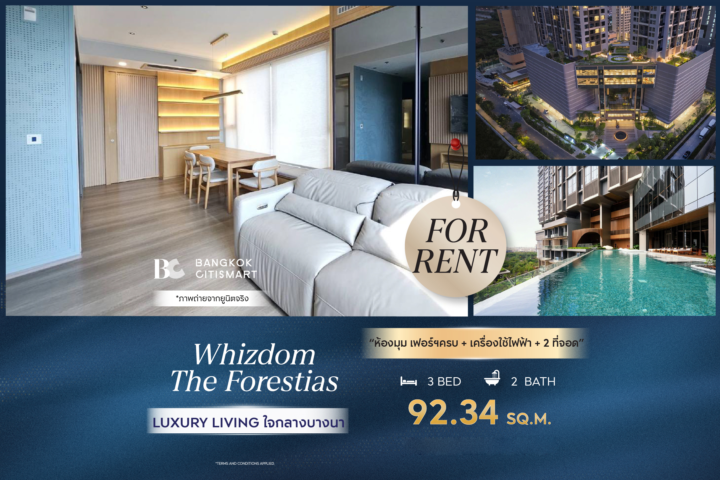 🔥 Ready to move in, Whizdom The Forestias (3 bedrooms, 92.34 sq.m.), corner room, fully furnished + electrical appliances + 2 parking spaces. Interested: 0889834358 (Eak)
