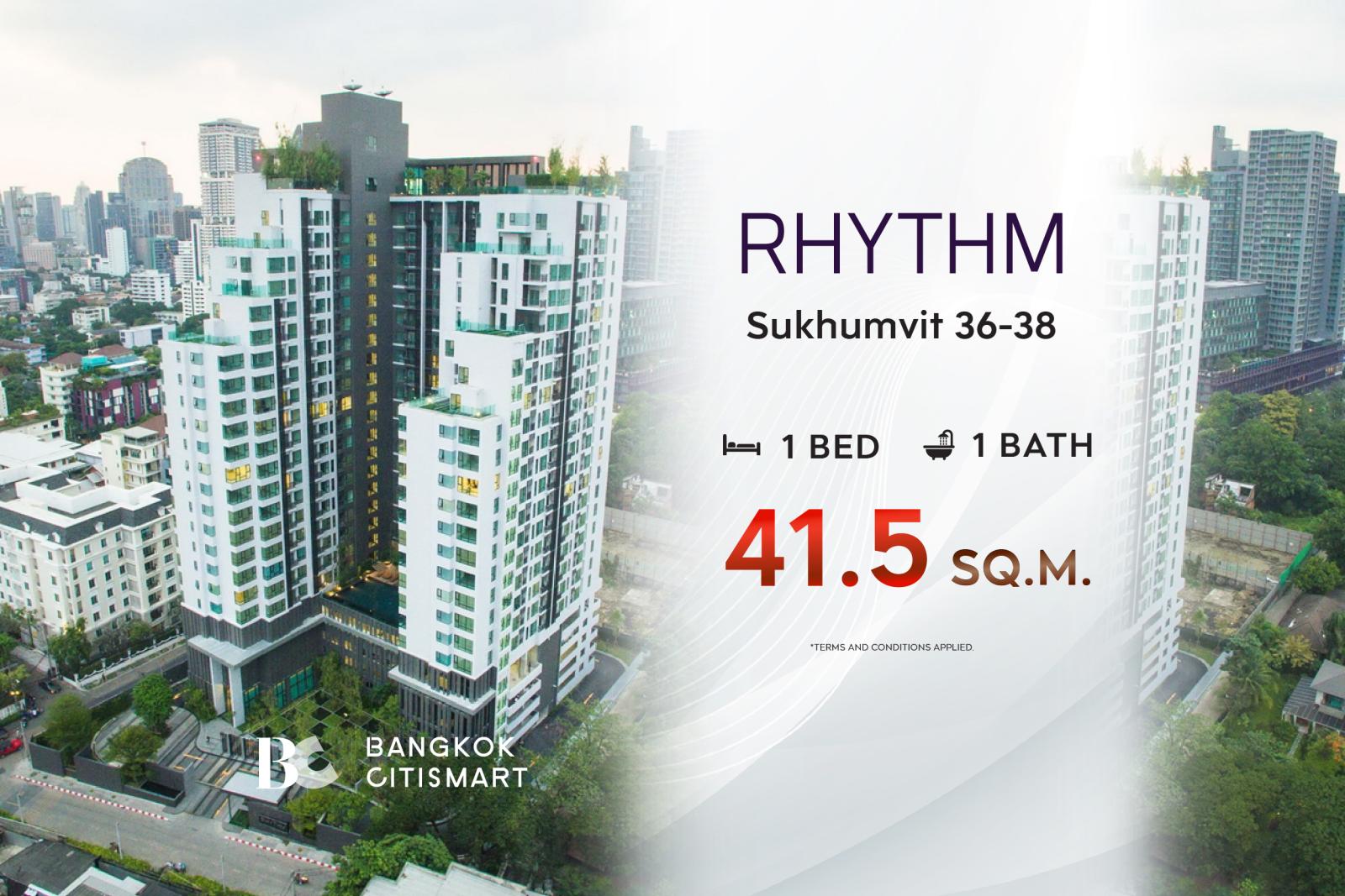 RHYTHM Sukhumvit 36-38 Room 1 Bed 1 Bath 41.5 sq.m. Corner unit, beautiful room plan. Interested: 0812497356 (Praew)