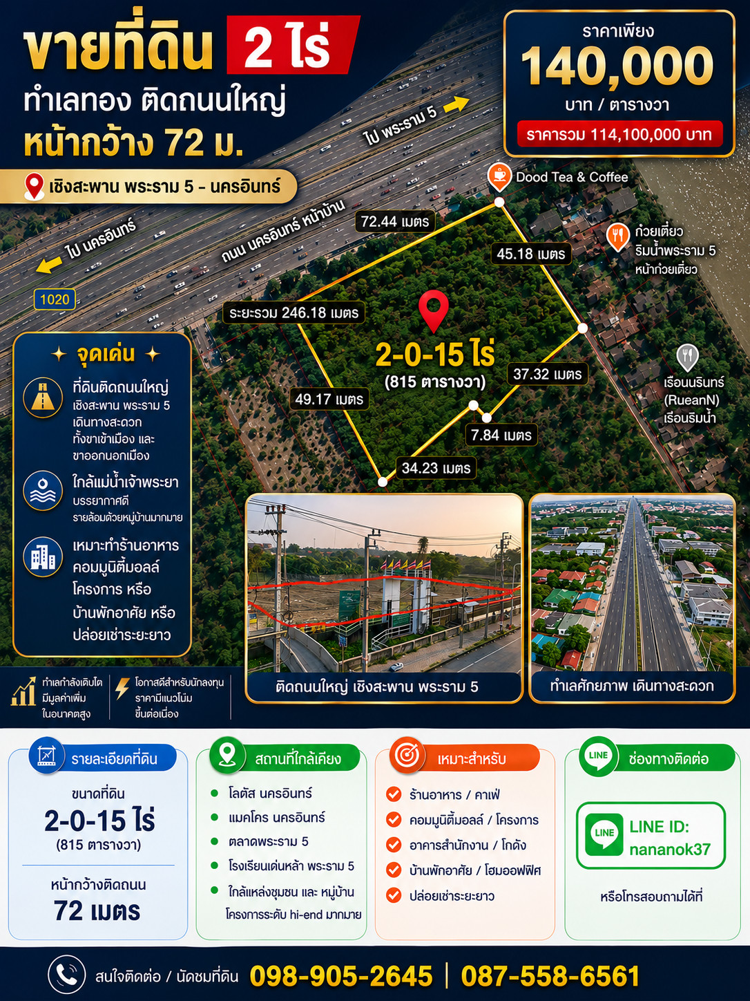 ขายที่ดิน 2 ไร่ เชิงสะพาน พระราม 5 ติดถนนใหญ่  วิวแม่น้ำเจ้าพระยา