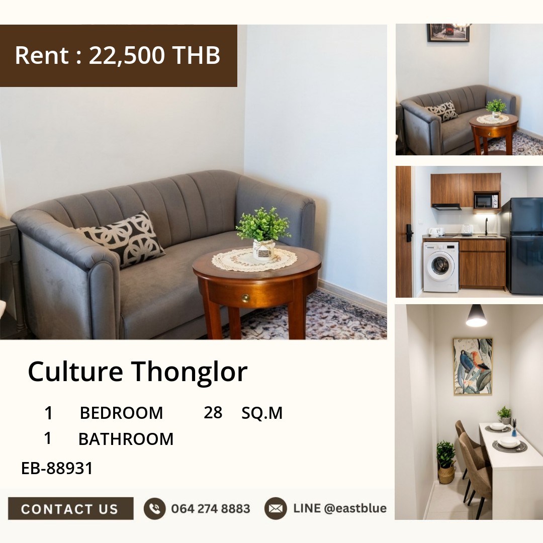 For Rent: Culture Thonglor 1 Bed 28 sqm near BTS Thong Lo 22,500 THB/month