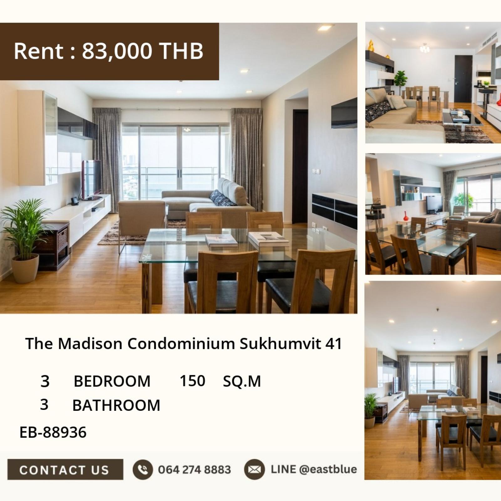 11/08/2026, 🏠 เช่า คอนโด 3 ห้องนอน เดอะ เมดิสัน สุขุมวิท 41 พร้อมเข้าอยู่ เลี้ยงสัตว์ได้ 83,000 บาท/เดือน 0642748883