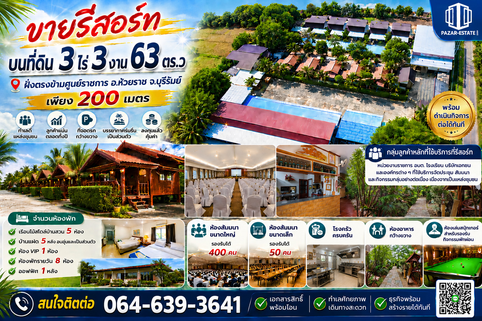PZ1053 ขาย รีสอร์ท ตรงข้ามศูนย์ราชการห้วยราช เพียง 200 เมตรเท่านั้น และฐานลูกค้าพร้อมใช้งาน บนที่ดิน 3 ไร่ 3 งาน 63 ตร.ว พร้อมห้องประชุม สัมมนา ขนาดใหญ่ สร้างรายได้ต่อทันที ตำบลห้วยราช อำเภอห้วยราช จังหวัดบุรีรัมย์ PZ1053 ขาย รีสอร์ท ตรงข้ามศูนย์ราชการห้วยราช เพียง 200 เมตรเท่านั้น และฐานลูกค้าพร้อมใช้งาน บนที่ดิน 3 ไร่ 3 งาน 63 ตร.ว พร้อมห้องประชุม สัมมนา ขนาดใหญ่ สร้างรายได้ต่อทันที ตำบลห้วยราช อำเภอห้วยราช จังหวัดบุรีรัมย์