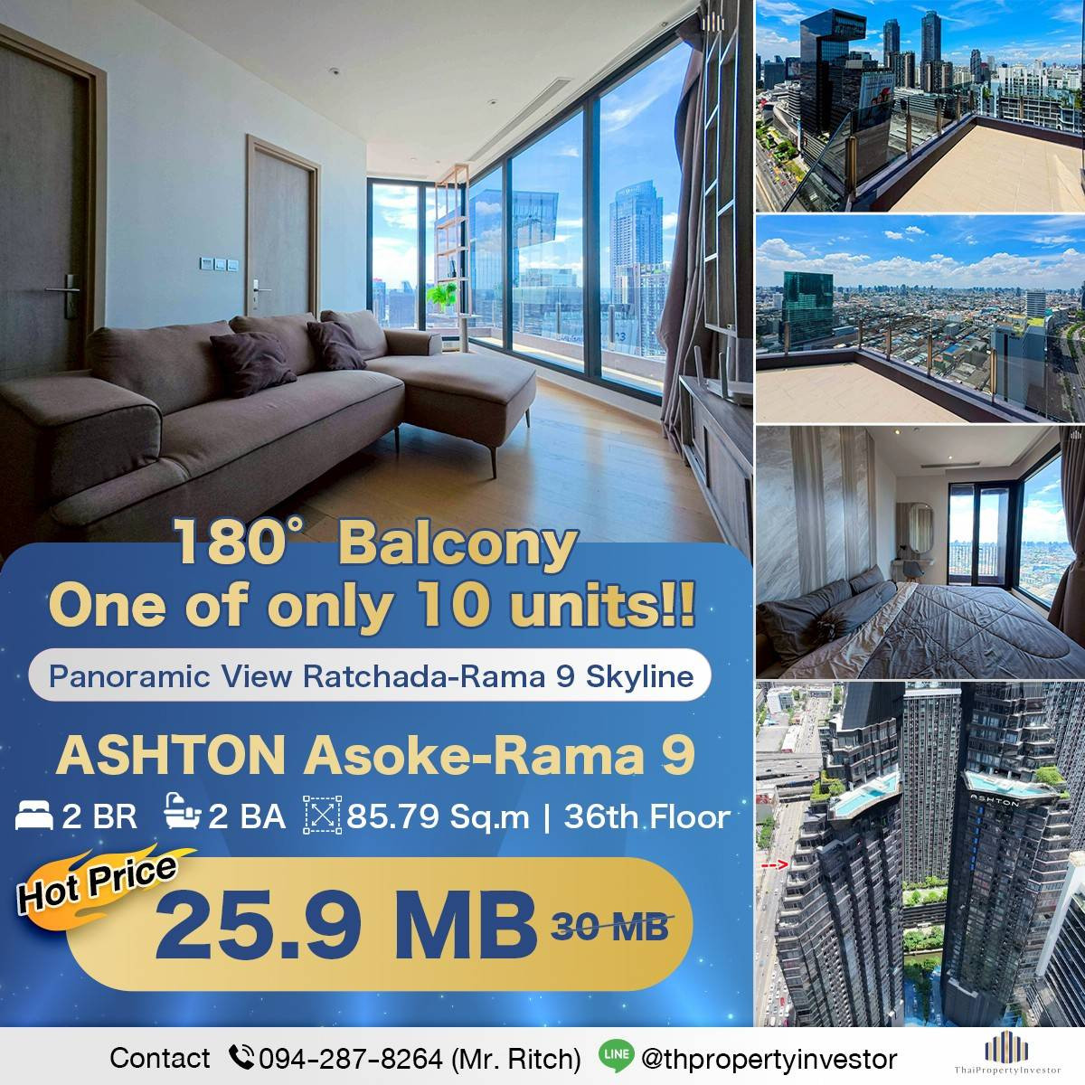 One of Only 10 Units with an Oversized Balcony! 180° Ratchada Skyline View!! 2BR 2BA Condo for SALE at ASHTON Asoke-Rama 9