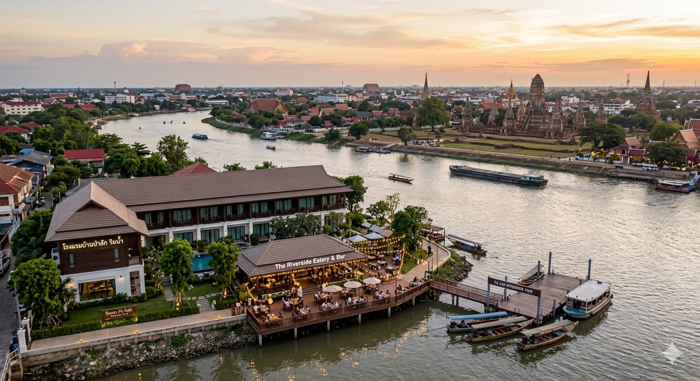 Riverside Hotel for Sale, Ayutthaya, on the Pa Sak River, with Riverside Restaurant and Private Pier. Riverside Hotel for Sale, Ayutthaya, on the Pa Sak River, with Riverside Restaurant and Private Pier.