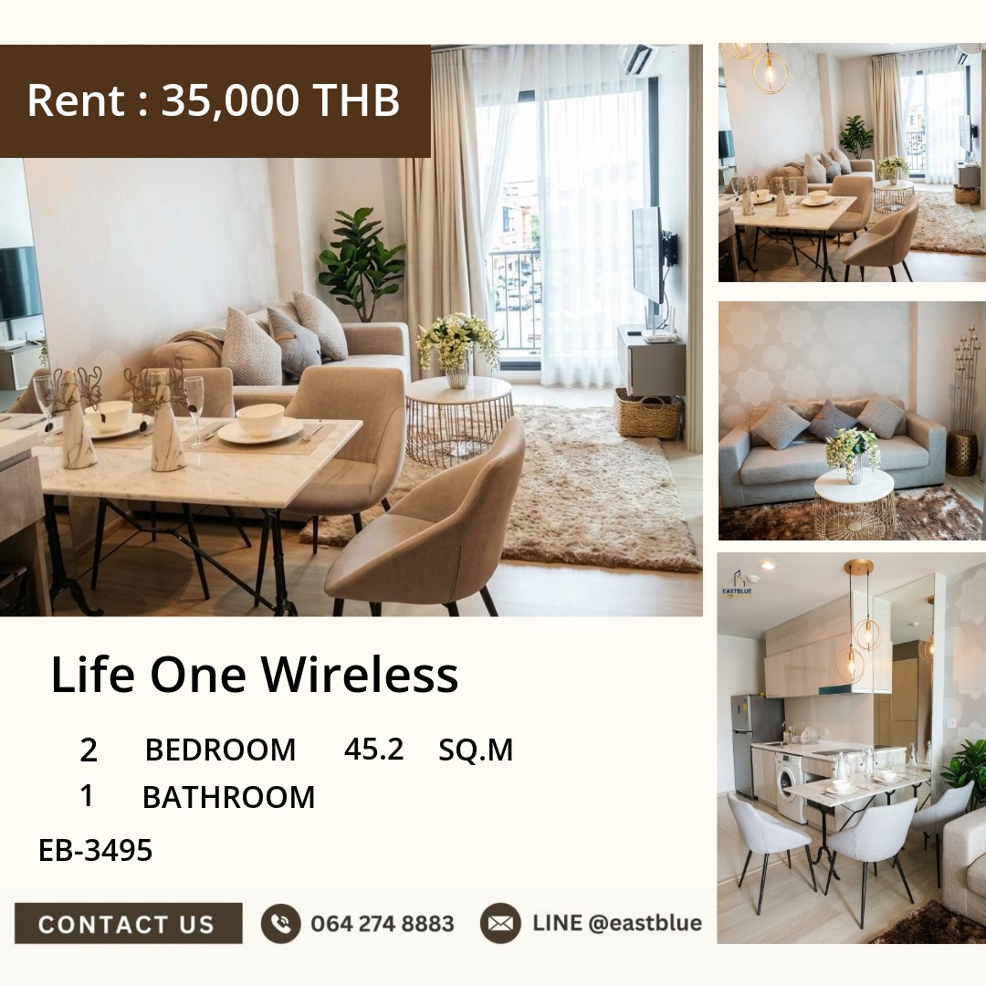 For Rent: Life One Wireless 2 Bed 45.2 sqm near BTS Phloen Chit 35,000 THB/month