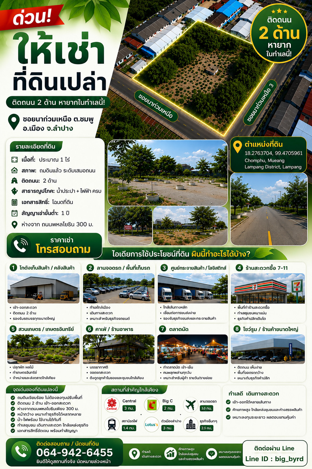 Land for rent, next to road on 2 sides, Lampang Province, ready for development. Land for rent, next to road on 2 sides, Lampang Province, ready for development.
