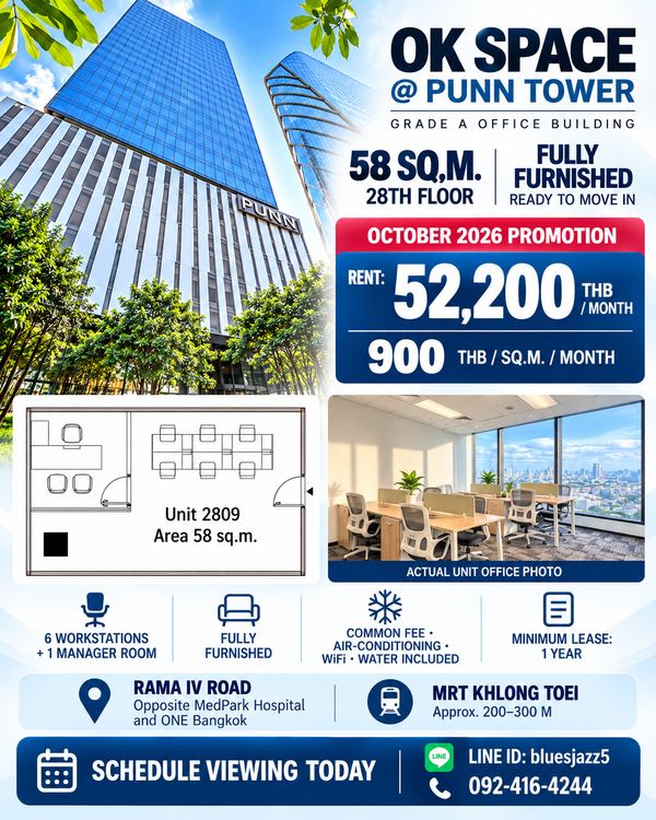 For RENT OK Space @PUNN 58sqm Fully Furnished Office Near MRT Khlong Toei ONE Bangkok QSNCC
