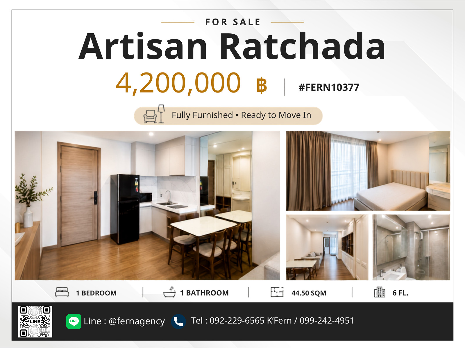 ขาย Artisan Ratchada 1 ห้องนอน 44.50 ตร.ม. ชั้น 6 แต่งครบ พร้อมอยู่