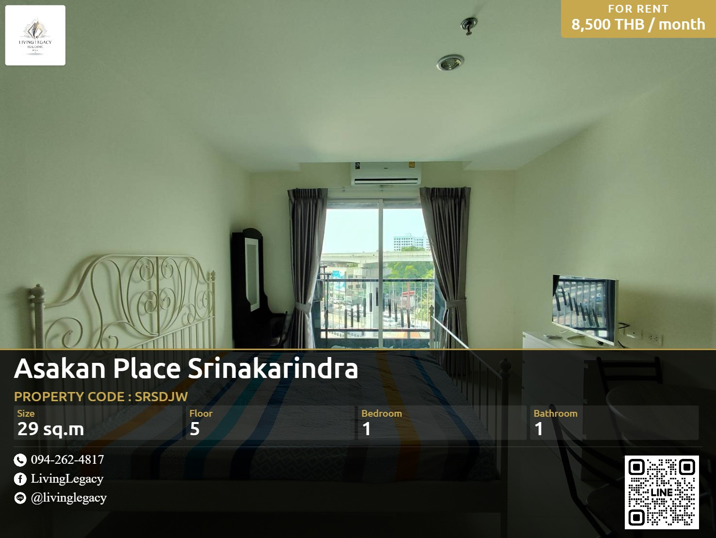 SRSDJW Urgent rent Condo Asakan Place Srinakarindra 29 sq m | 5th floor | 1 bedroom, 1 bathroom | 8,500 baht/month | LINE: @livinglegacy SRSDJW Urgent rent Condo Asakan Place Srinakarindra 29 sq m | 5th floor | 1 bedroom, 1 bathroom | 8,500 baht/month | LINE: @livinglegacy