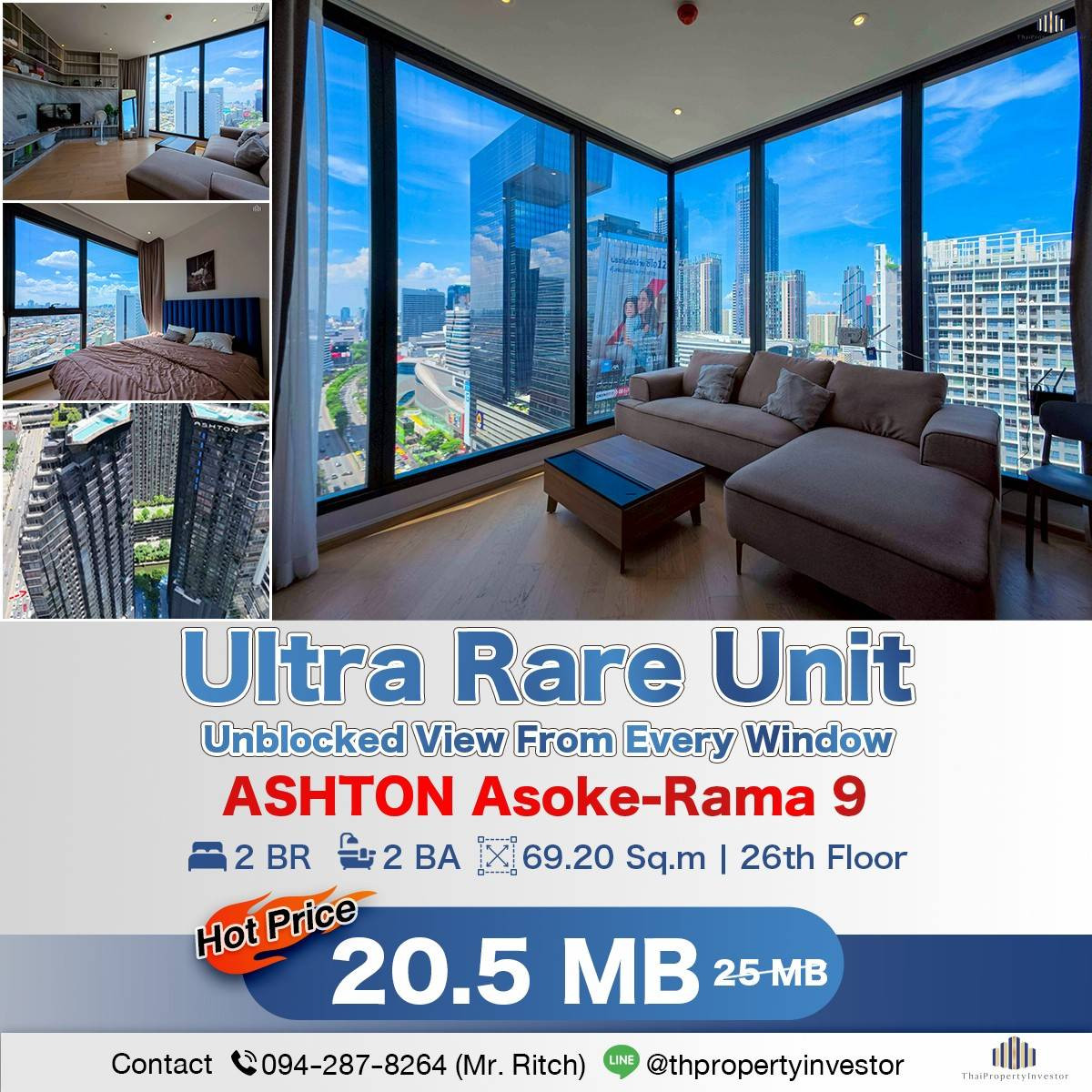 Best View in Project! 180° Ratchada Skyline View!! Only 1 unit per floor! 2BR 2BA 69.20 Sq.m Condo for SALE at ASHTON Asoke-Rama 9 