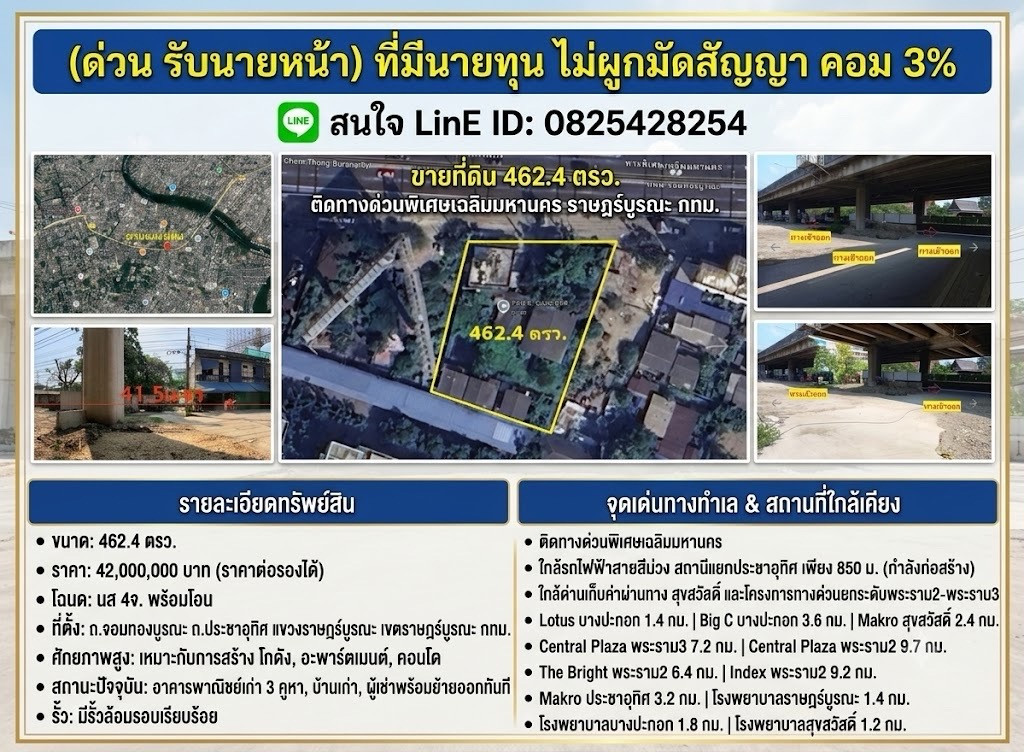 Urgent sale!! Land 462 sq m. Next to the Chalerm Mahanakorn Expressway. Chom Thong Burana Road