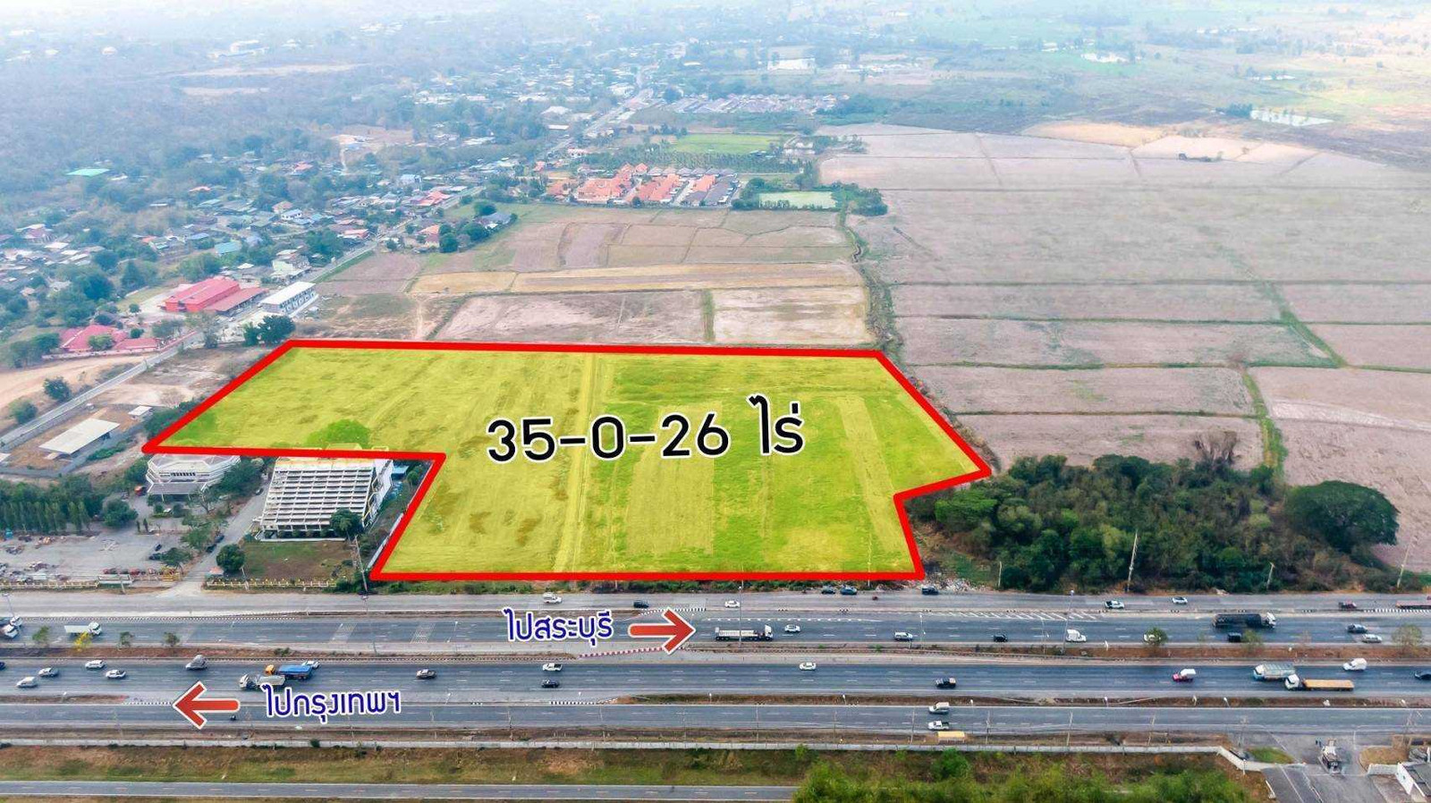 Empty land for sale, 35-0-62 rai, next to the main Phahon Yothin Road (outbound), Saraburi. Empty land for sale, 35-0-62 rai, next to the main Phahon Yothin Road (outbound), Saraburi.