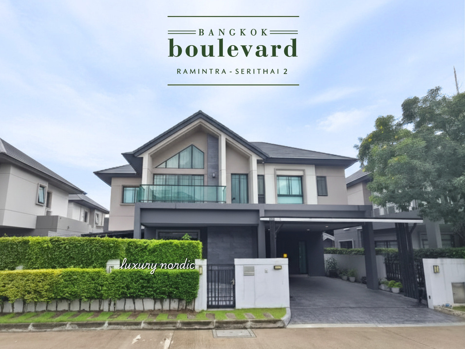 Single house for sale, decorated with walls and built-in throughout the house, Bangkok Boulevard Ramintra-Serithai2, Luxury Nordic style, 62.3 sq m, 5 bedrooms, 5 bathrooms, next to Serithai Road. 3 minutes to Kanchanaphisek Road