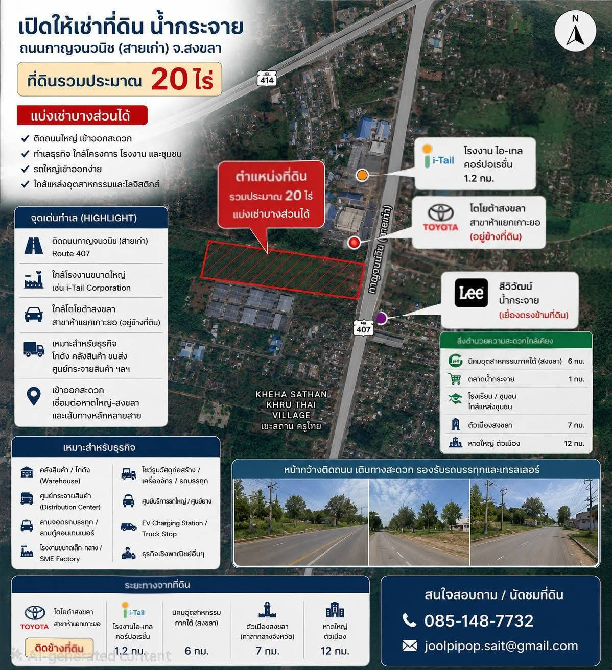 📍 Open for rent, 20 rai of land, business location "Nam Krachai - Old Kanchanawanit Road", Songkhla Province, can be rented out | suitable for warehouses, logistics, distribution centers. and commercial business
