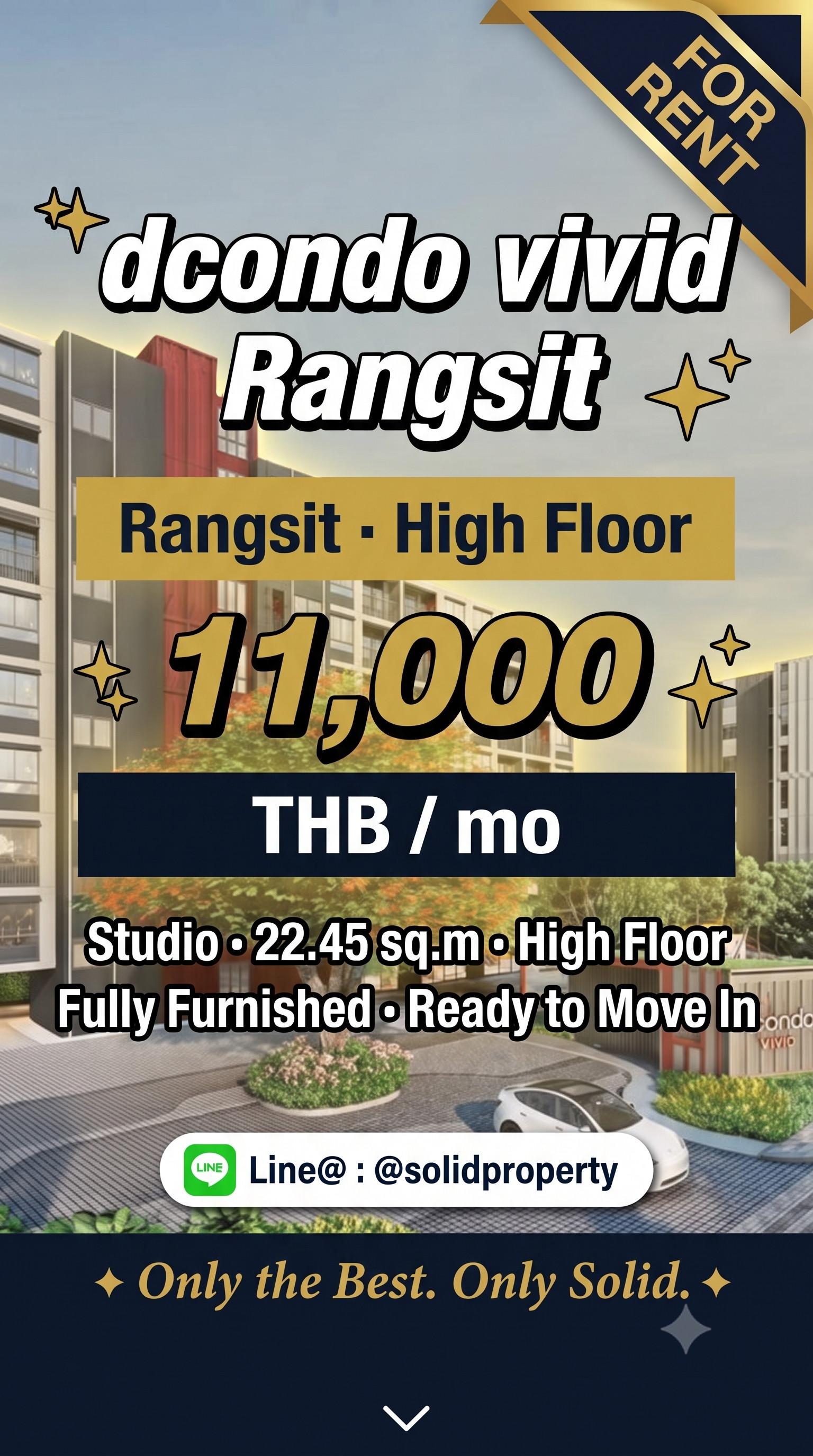 For rent dcondo vivid Rangsit Studio, high floor, brand new, whole room | 22.45 sq m. | Fully Furnished | 11,000 baht/month