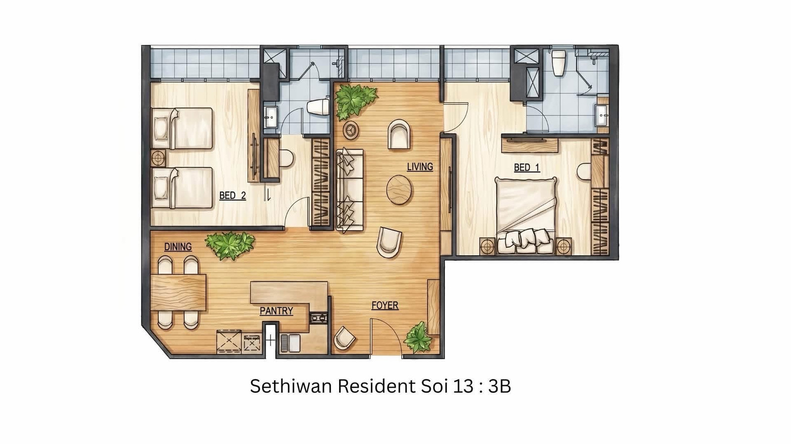 LHC-0491(3B) ให้เช่า Sethiwan Residence 🛌 2 นอน 110 ตร.ม. 🚇ใกล้ MRT เพชรบุรี | APL มักกะสัน / BTS นานา