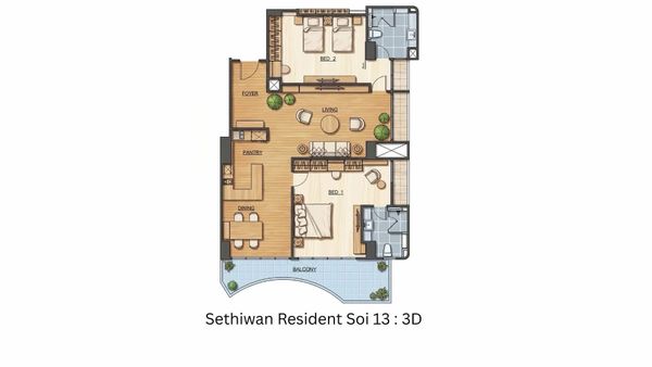 LHC-0491 (3D) For rent Sethiwan Residence 🛌 2 bedrooms 120 sq m. 🚇 near MRT Phetchaburi | APL Makkasan / BTS Nana