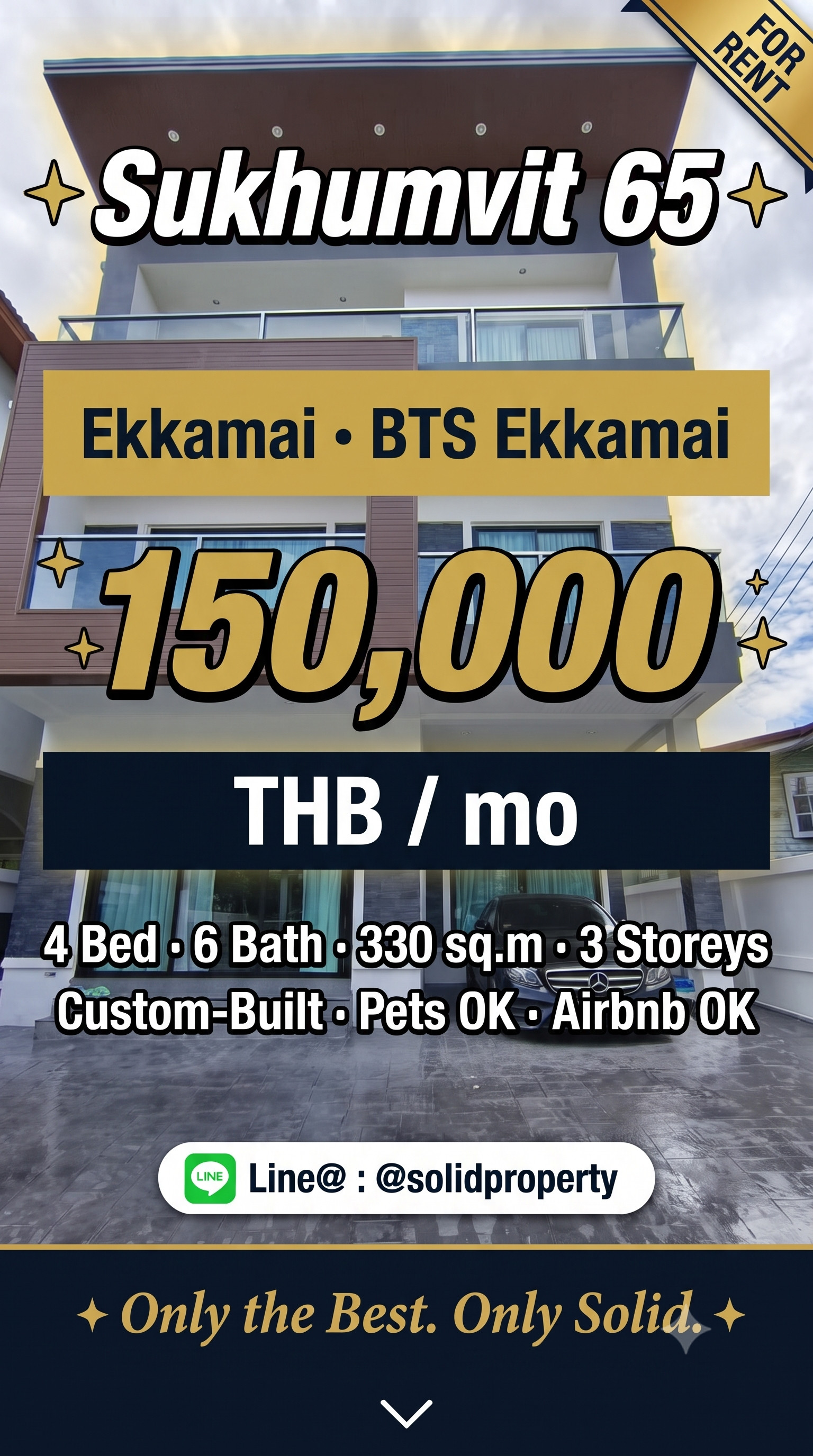For Rent Sukhumvit 65 (Ekkamai) 3-Storey Detached House | 4 Bed 6 Bath 330 sq.m. | BTS Ekkamai | Pets OK | 150,000 THB/mo For Rent Sukhumvit 65 (Ekkamai) 3-Storey Detached House | 4 Bed 6 Bath 330 sq.m. | BTS Ekkamai | Pets OK | 150,000 THB/mo
