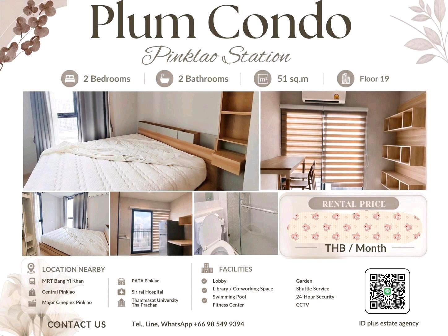 Plum Condo Pinklao Station for rent: 2 bedrooms 2 bathrooms for 51 sqm. Pool View Corner room on 11st floor.With fully furnished and electrical appliances with washing machine.Located on Somdetprapinklao Road , next to Pata Pinklao and 600 m. to MRT Ban