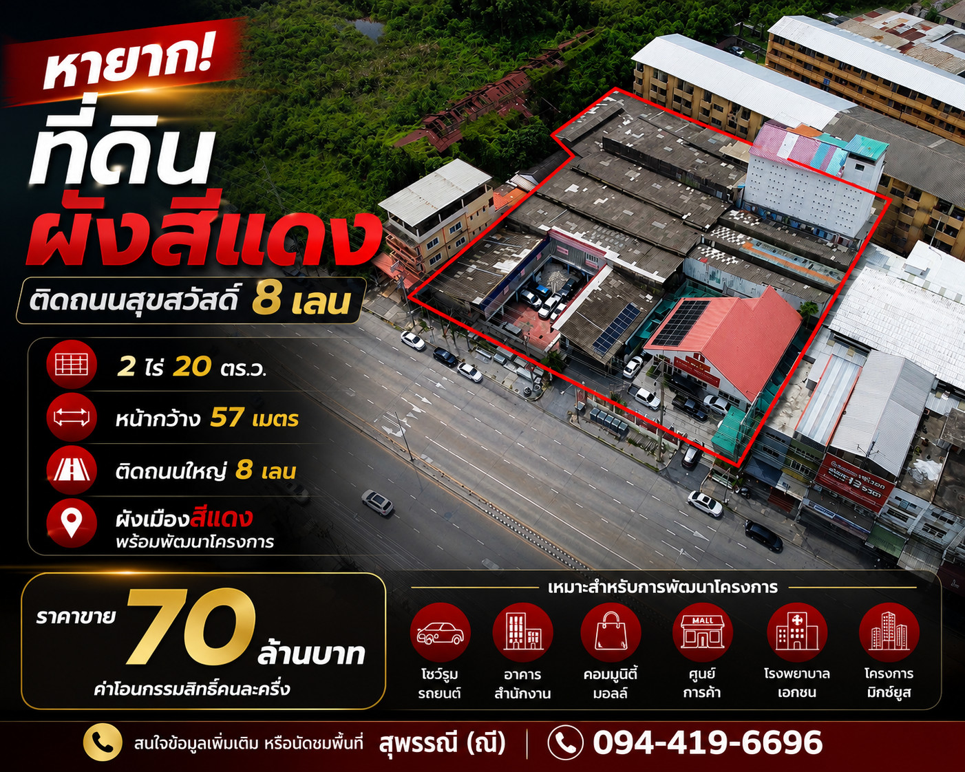 ขายที่ดินผังสีแดง 2ไร่20ตรว. ติดถนนสุขสวัสดิ์ 8 เลน แปลงใหญ่ หายากมากพร้อมพัฒนาโครงการทันที