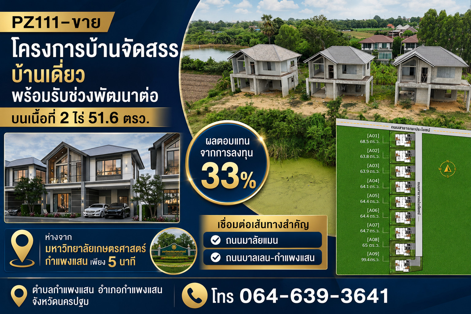 PZ111 – Housing project for sale, detached house, ready for further development, on an area of ​​2 rai 51.6 sq m. Return on investment 33%, only 5 minutes from Kasetsart University, Kamphaeng Saen, connected to Malaiman Road. Ballen-Kamphaeng Saen Road, K
