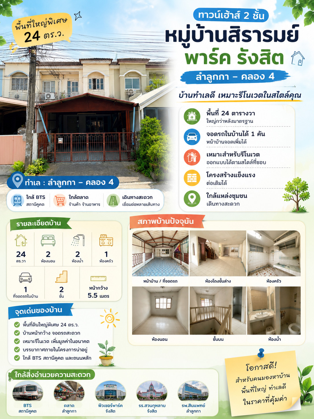 🏡 Urgent sale, 2-story townhouse, 24.2 square wah, Sirarom Park Rangsit Village, Lam Luk Ka - Khlong 4 location.