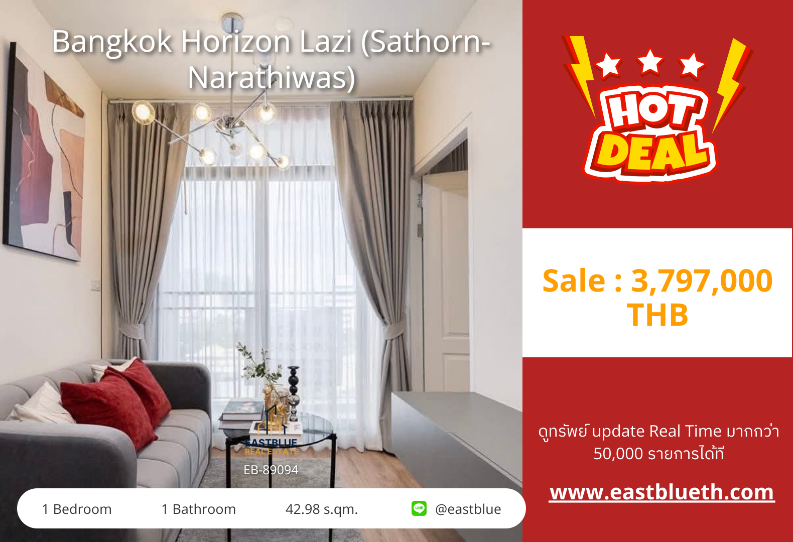 For Sale: Bangkok Horizon Lazi (Sathorn-Narathiwas) 1 Bed 42.98 sqm near BTS Chong Nonsi 3.8M THB