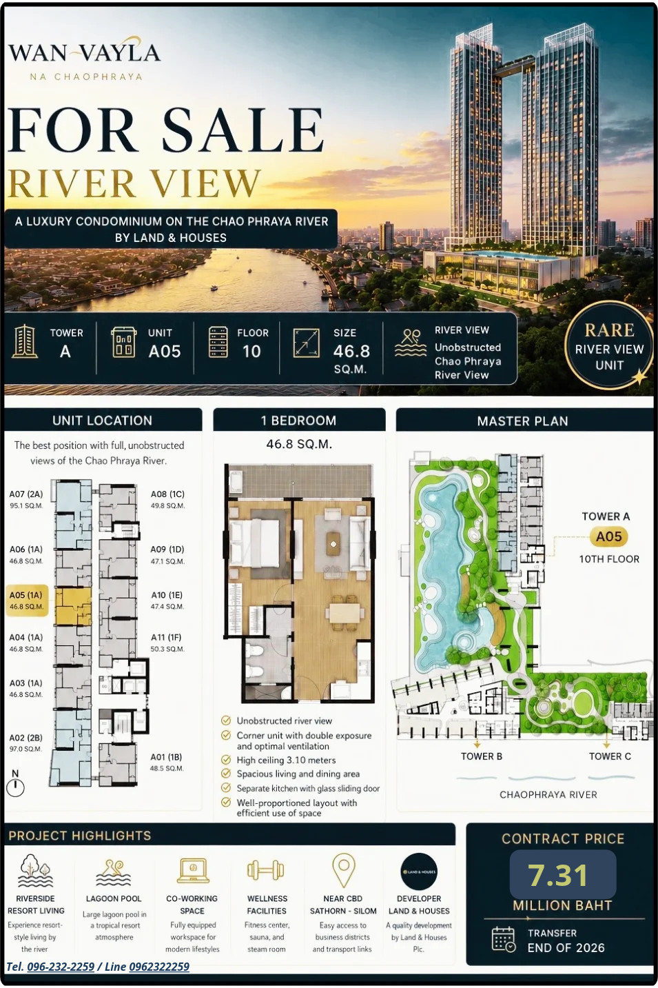 Selling down payment, selling capital!! Project date and time at Chao Phraya, location 10A05, room 1 bed, size 46.80 sq m. Experience the Panorama of the Chao Phraya River with a luxury project.