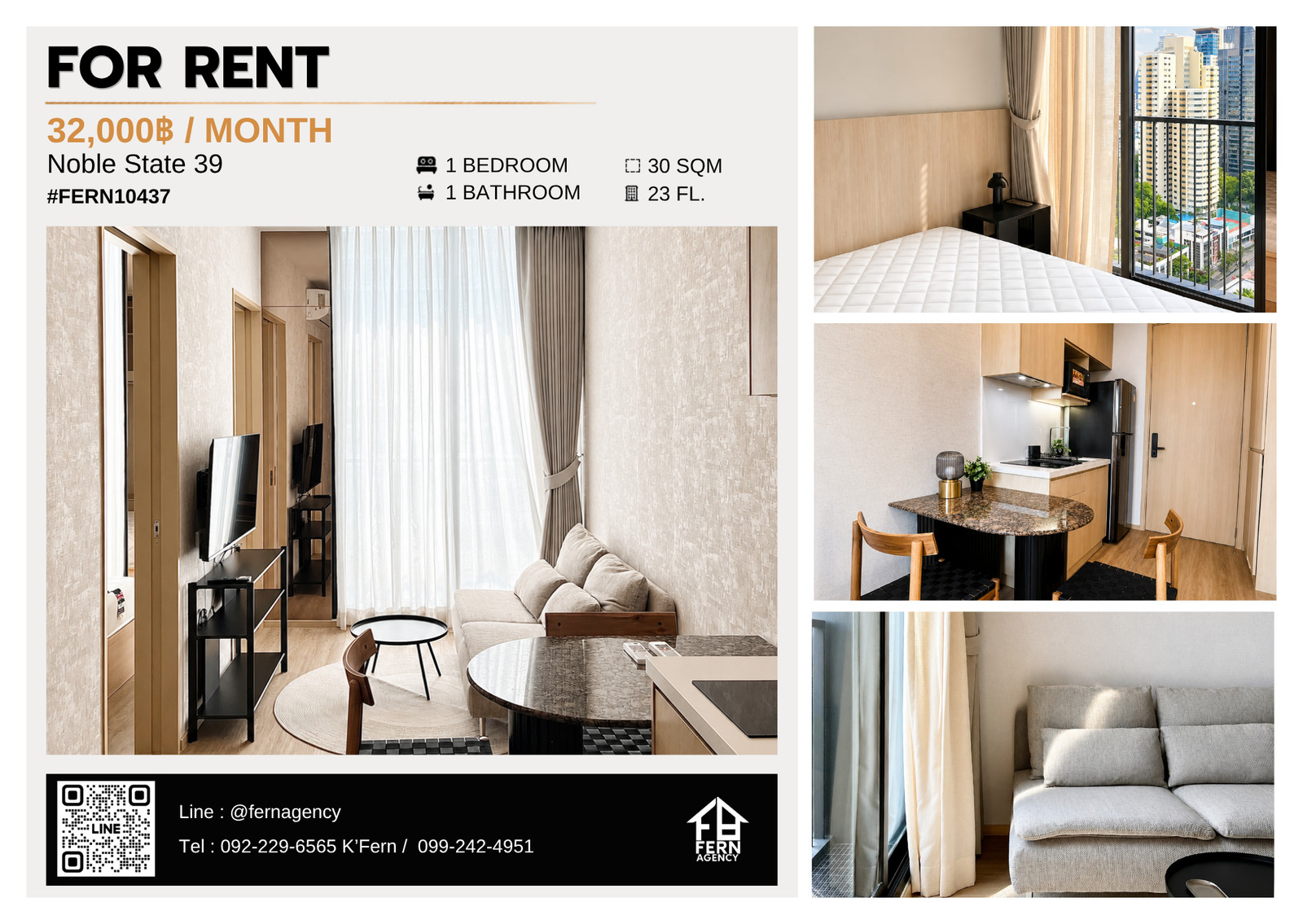 🏢 Condo for rent Noble State 39, 1 bedroom, 1 bathroom, size 30 sq m, location Sukhumvit 39, near BTS Phrom Phong.