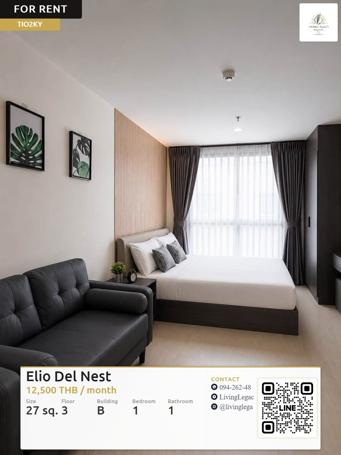 TIO2KY Urgent rent Elio Del Nest 27 sq m. | 3rd floor | 1 bedroom, 1 bathroom | Fully furnished | 12,500 baht/month | LINE: @livinglegacy TIO2KY Urgent rent Elio Del Nest 27 sq m. | 3rd floor | 1 bedroom, 1 bathroom | Fully furnished | 12,500 baht/month | LINE: @livinglegacy