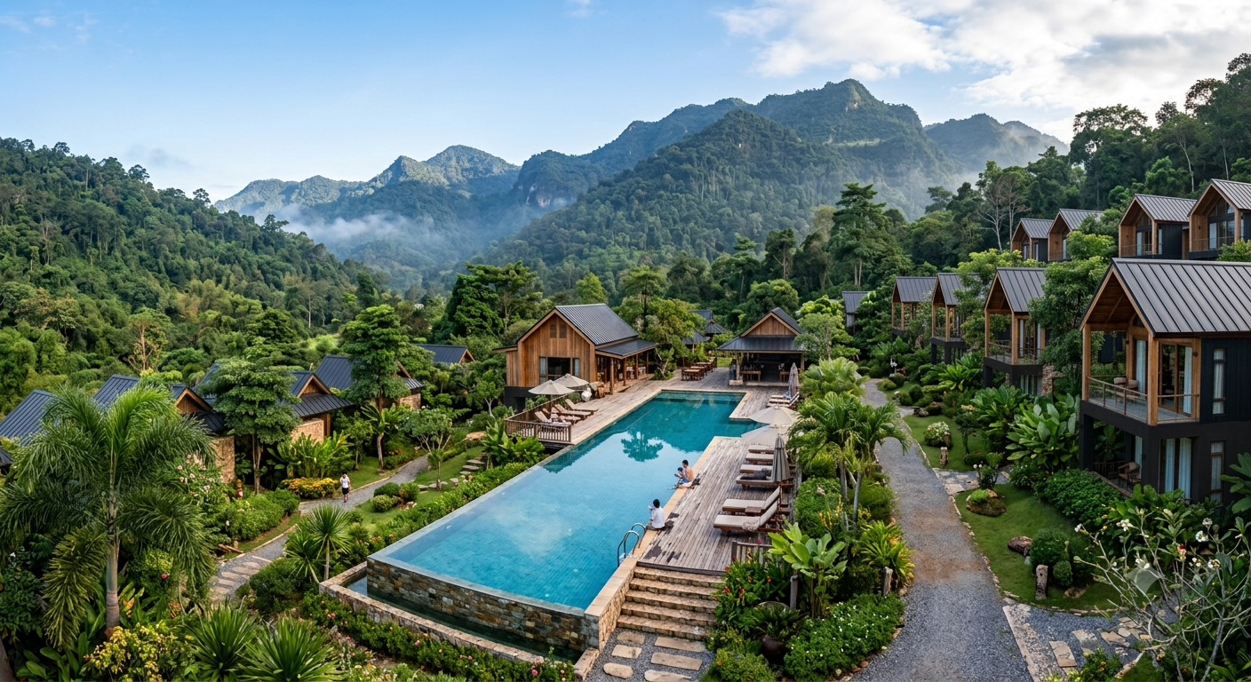 Hotel for sale nestled in the mountains, surrounded by tranquil nature, in the heart of Khao Yai, Pak Chong, Nakhon Ratchasima, Thailand.