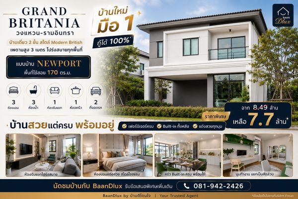 ขายบ้านเดี่ยว Grand Britania วงแหวน-รามอินทรา (50.50 ตร.ว.) แต่งครบ Buit-in ทั้งหลัง กู้ได้ 100%