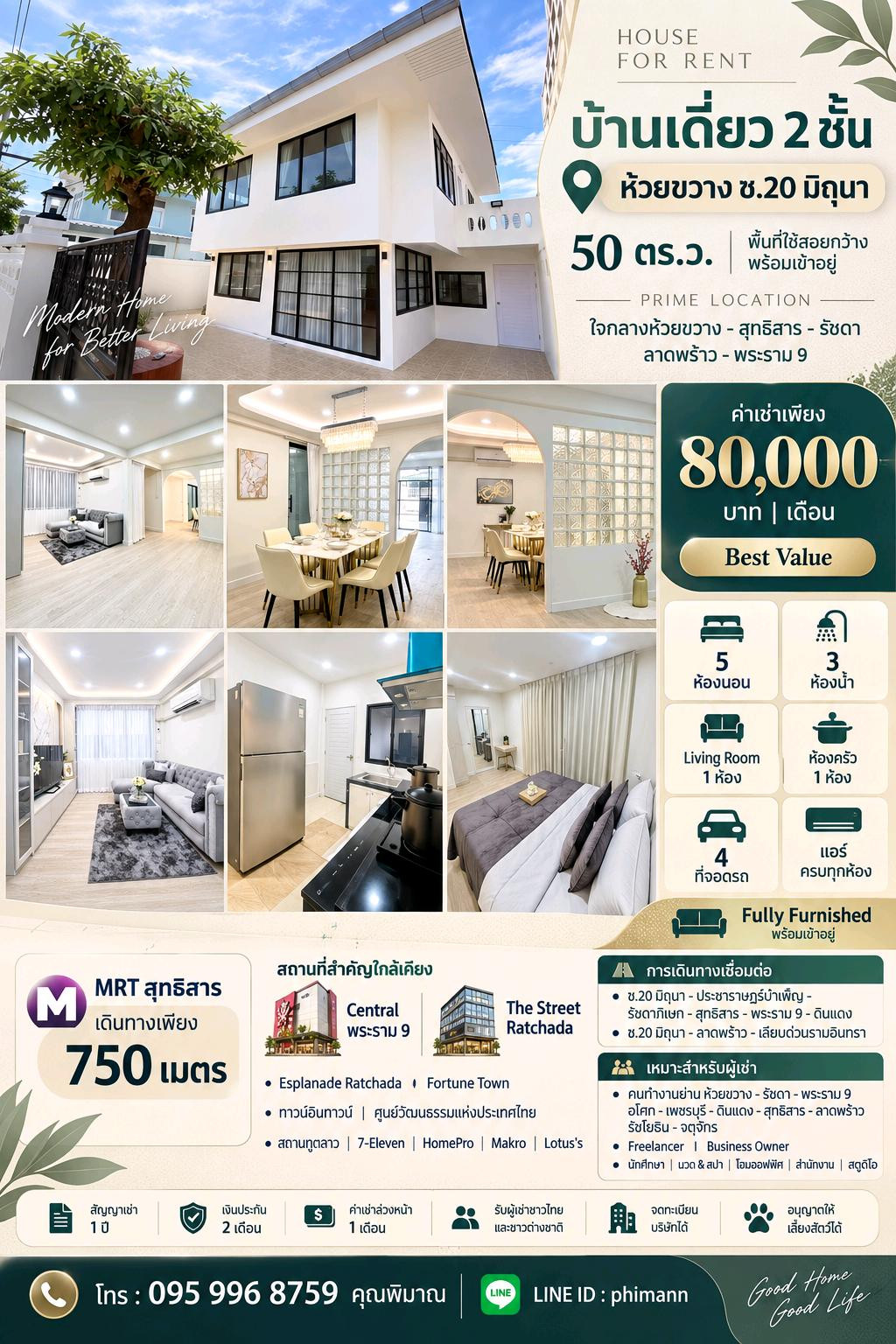 🌟 ให้เช่า บ้านเดี่ยว 2 ชั้น 50 ตร.ว. ห้วยขวาง ซ.20 มิถุนา ใกล้ MRT 750 เมตร สุทธิสาร - รัชดา - ลาดพร้าว 64 - พระราม 9
