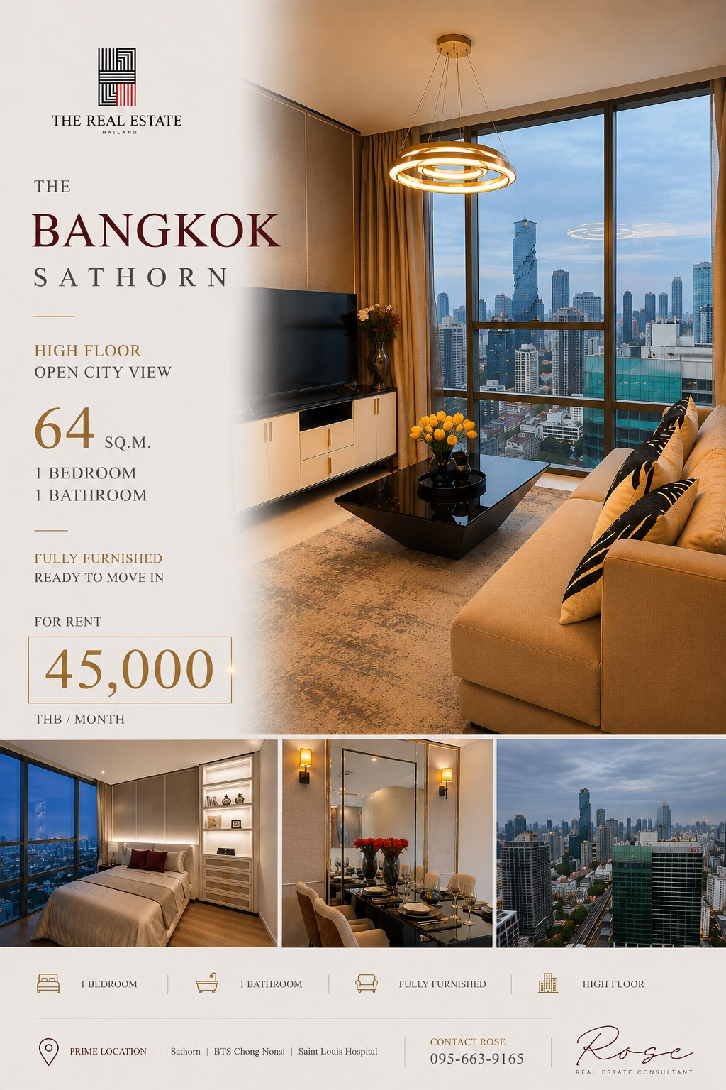 For Rent 🔥 The Bangkok Sathorn, high floor, beautiful view, large 64 sq m room, luxurious decoration, ready to move in.