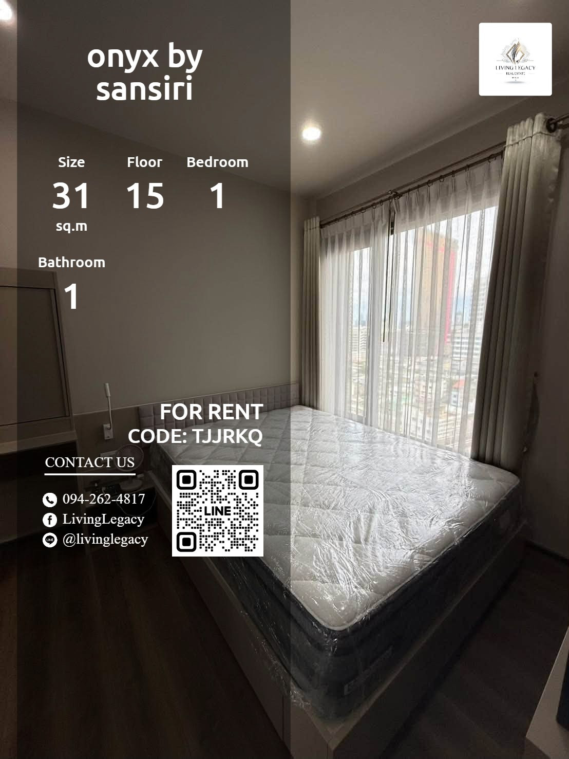 TJJRKQ เช่าด่วน Onyx by Sansiri 31 ตร.ม. | ชั้น 15 | 1 นอน 1 น้ำ | 16,500 บาท/เดือน | LINE: @livinglegacy