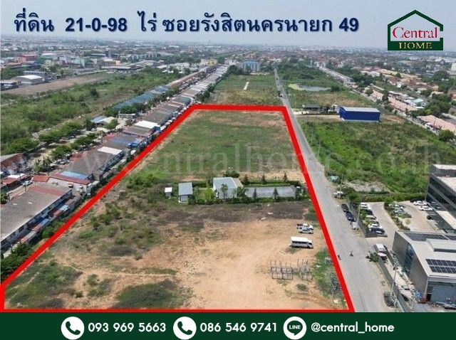 ที่ดิน 21-0-98 ไร่ ซอย รังสิต-นครนายก 49 ทำเลดีมาก รูปแปลงสี่เหลี่ยม หน้ากว้าง 424 เมตร