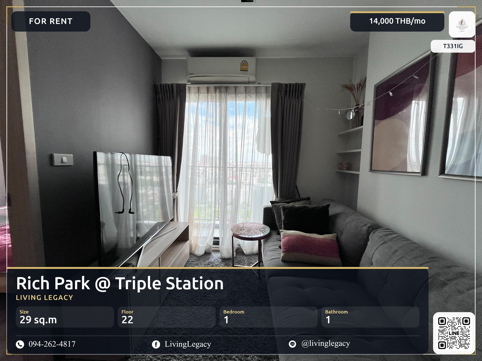 T331IG เช่าด่วน! คอนโด Rich Park @ Triple Station 1 นอน 29 ตร.ม. ชั้น 22 พร้อมเฟอร์ฯ ครบ 14,000 บาท/เดือน | LINE: @livinglegacy T331IG เช่าด่วน! คอนโด Rich Park @ Triple Station 1 นอน 29 ตร.ม. ชั้น 22 พร้อมเฟอร์ฯ ครบ 14,000 บาท/เดือน | LINE: @livinglegacy