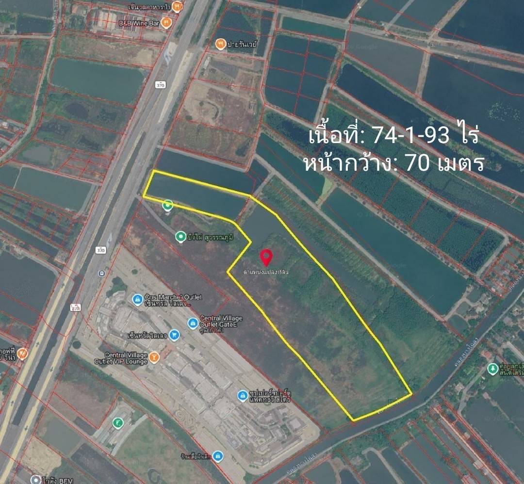 Land for sale below market price, area 74-1-93 rai, next to Central Village Suvarnabhumi | Width next to main road 70 meters. Land for sale below market price, area 74-1-93 rai, next to Central Village Suvarnabhumi | Width next to main road 70 meters.