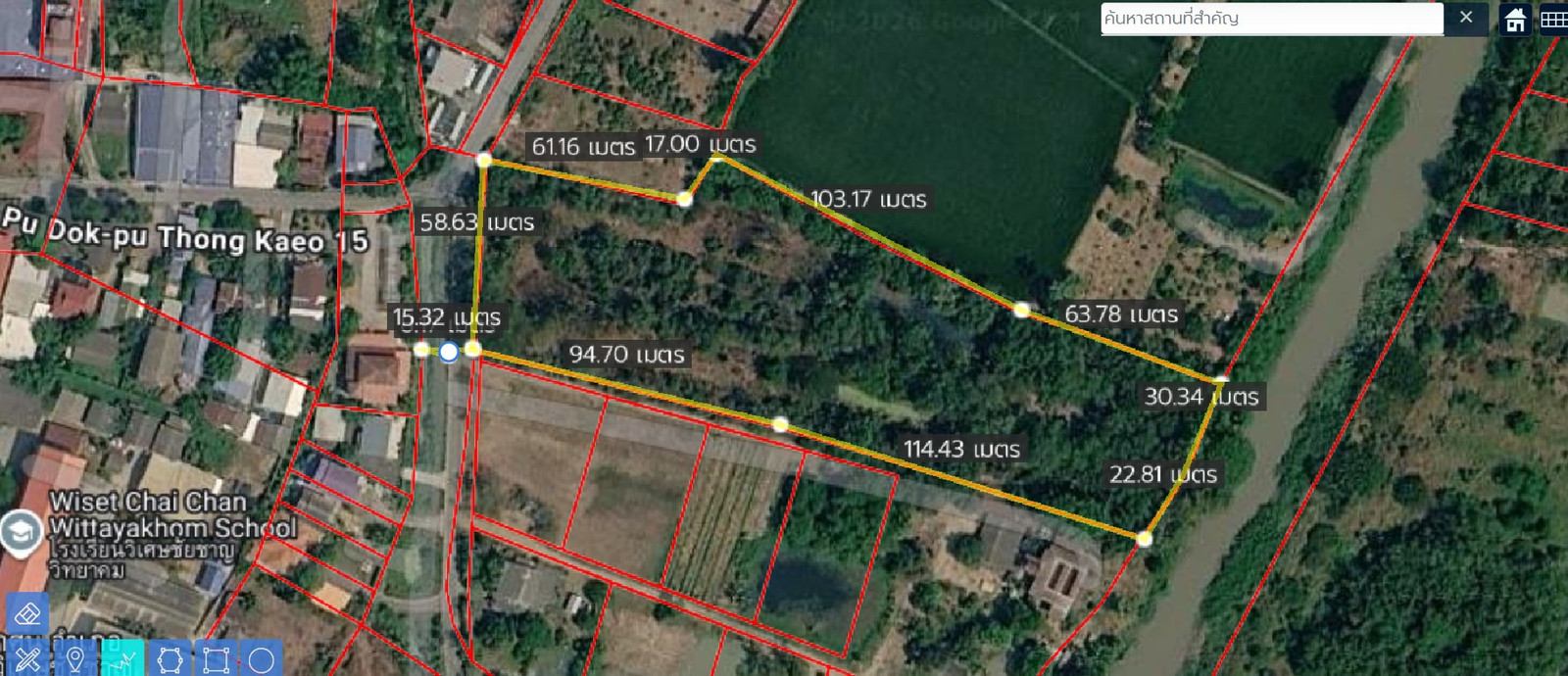 Pink plot land for sale Next to Soi Pu Dok - Pu Thong Kaew 15, near Wiset Chai Chan Witthayakhom School, area 8-1-63 rai.