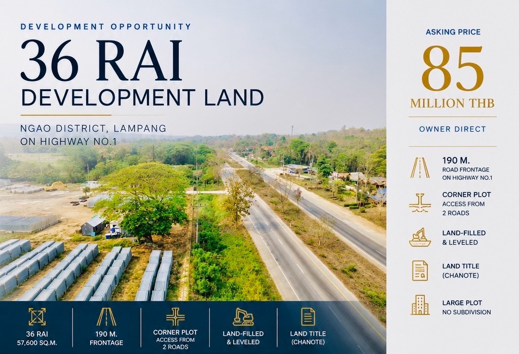 LAND FOR SALE | NGAO, LAMPANG 36-RAI STRATEGIC DEVELOPMENT LAND 190 M. HIGHWAY NO.1 FRONTAGE LAND FOR SALE | NGAO, LAMPANG 36-RAI STRATEGIC DEVELOPMENT LAND 190 M. HIGHWAY NO.1 FRONTAGE