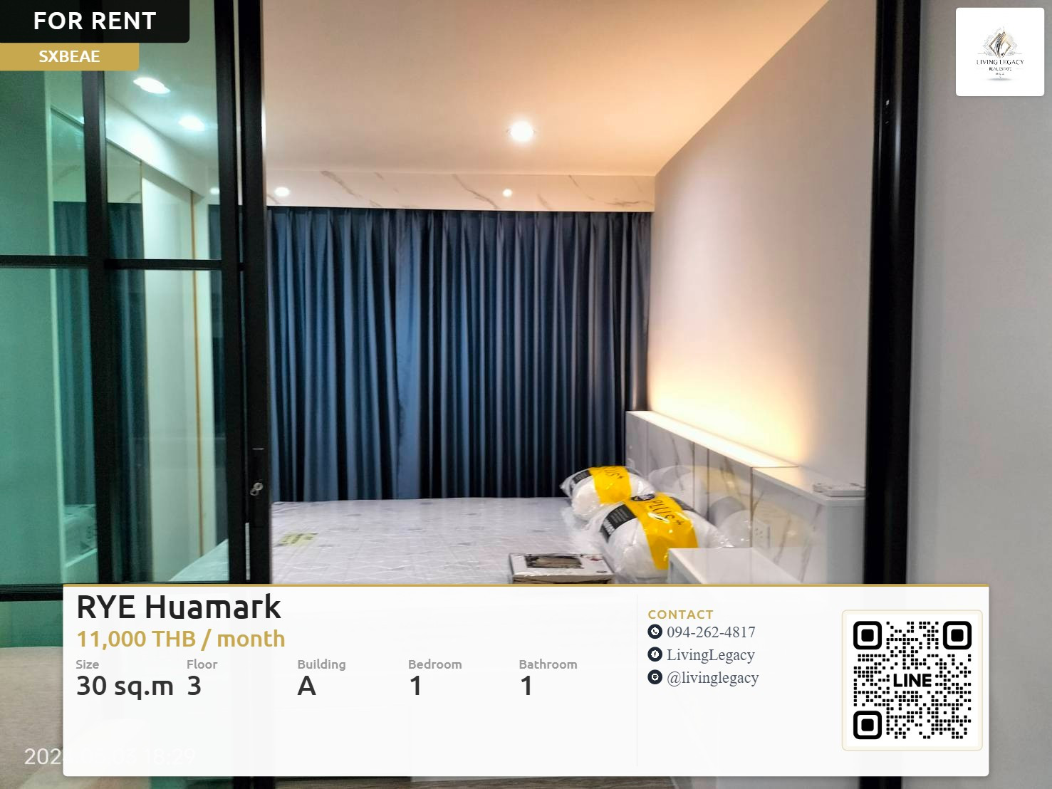 SXBEAE Rent RYE Huamark 11,000 THB | 30 sq.m. Floor 3 | 1 Bed 1 Bath | Furnished SXBEAE Rent RYE Huamark 11,000 THB | 30 sq.m. Floor 3 | 1 Bed 1 Bath | Furnished