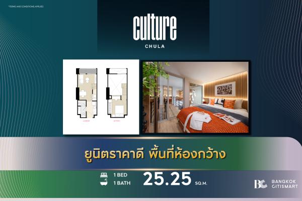 1 Bed Hybrid 25.25 ตร.ม. เพดาน 4.3 ม. ราคาต่ำสุดของโครงการ ตึกเสร็จ | Culture Chula | 7.69 ล้านบาท