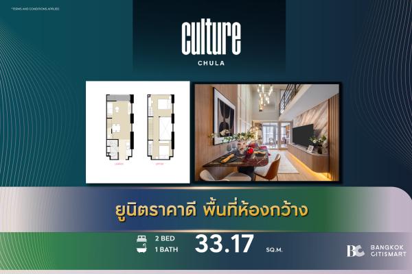 2 Bed Hybrid 33.17 ตร.ม. ยูนิตชั้นสูง เพดาน 4.3 ม. เลือกฝั่งได้จากห้องจริง | Culture Chula | 11.29 ล้านบาท