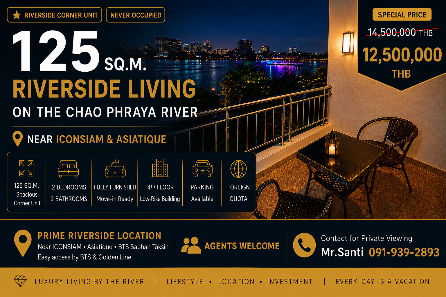  ขายด่วน! 125 ตร.ม. ใกล้ ICONSIAM วิว Asiatique | 2 นอน 2 น้ำ | ห้องมุม | Fully Furnished | Foreign Quota | 12.50 ลบ.