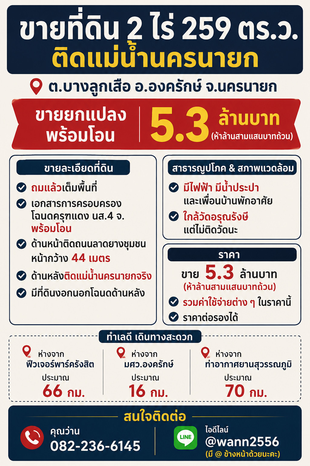 ขายที่ดินติดแม่น้ำนครนายก เนื้อที่ 2 ไร่ 259 ตร.ว. อ.องครักษ์ โฉนดครุฑแดง ด้านหน้าติดถนนชุมชน – รูปที่ 2