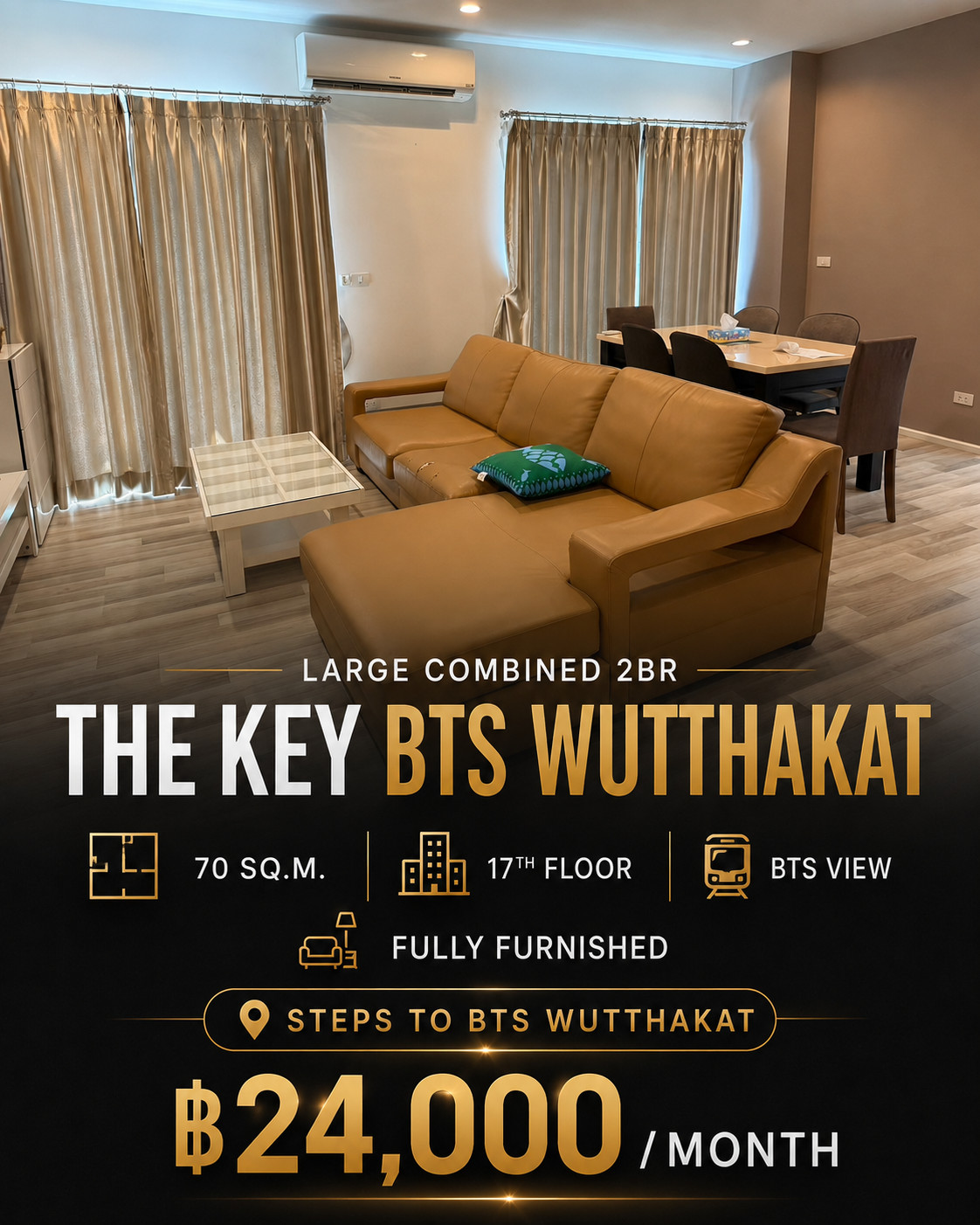 🔥 คอนโด 2 ห้องนอนขนาดใหญ่ ติด BTS วุฒากาศ | 70 ตร.ม. | เพียง 24,000 บาท/เดือน