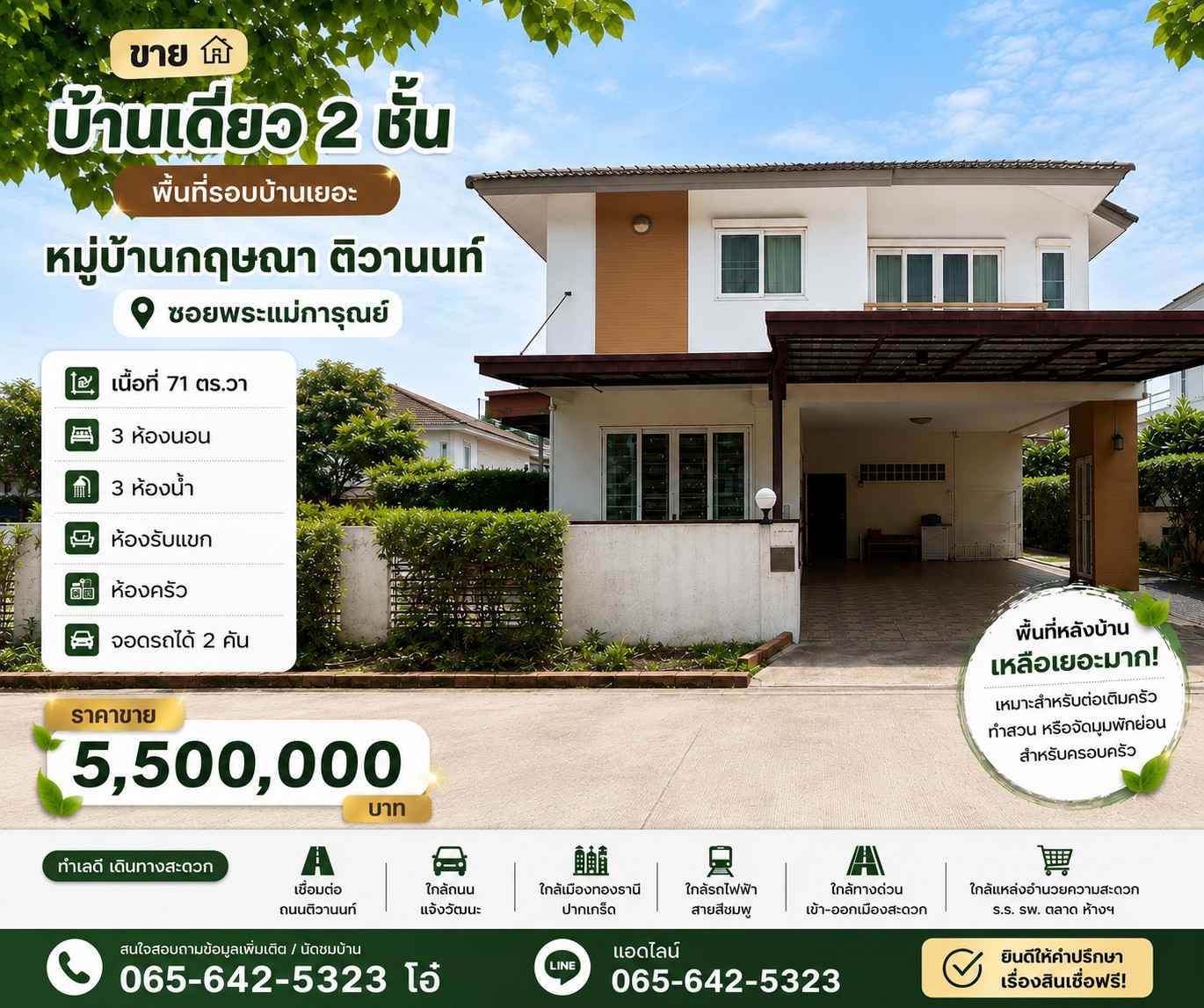 ขายบ้านเดี่ยว 2 ชั้น หมู่บ้านกฤษณา ติวานนท์ ซอยพระแม่การุณย์ 71 ตร.ว. 3 นอน 3 น้ำ ใกล้เมืองทองธานี